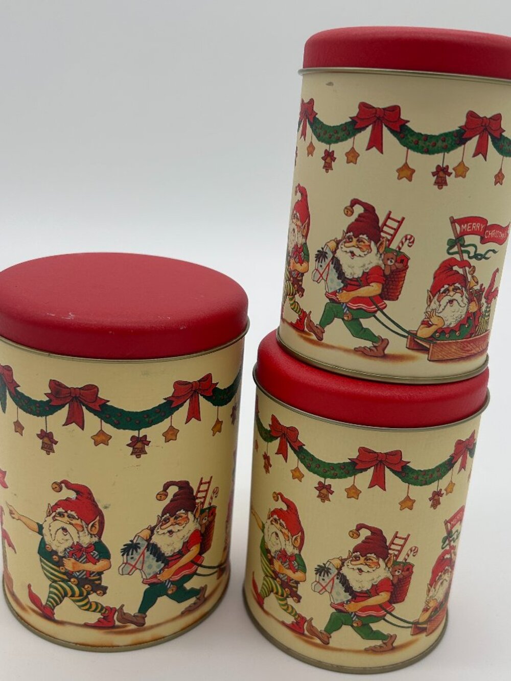 RARE Set of 3 Vtg Elves Christmas Workshop Nesting Tin Metal Canister Containers
